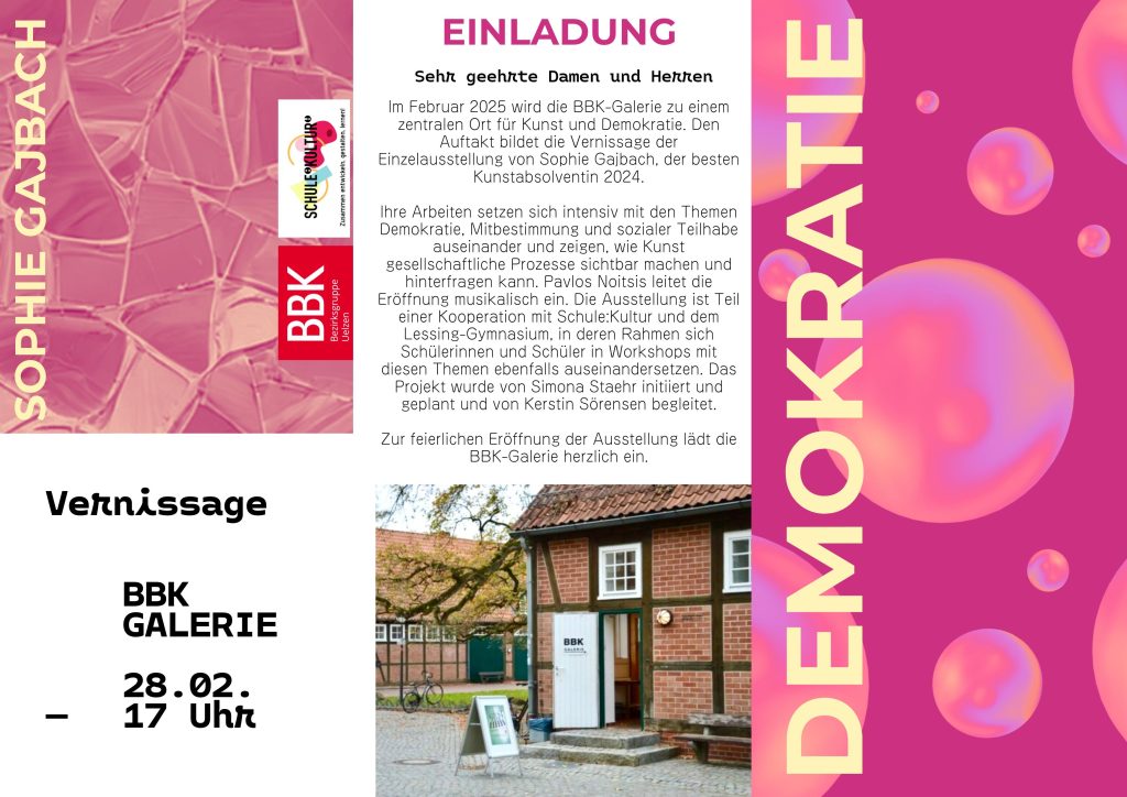 Einladung zur Vernissage der Künstlerin Sophie Gajbach am 28.02.2025 um 17 Uhr in der BBK Galerie.